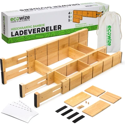 Afbeelding van Ecowize Luxe Lade Organizer Ladeverdeler Verstelbaar 100% Natuurlijk Bamboe Keuken Organizers Set van 4 Ladeverdelers, Uitschuifbaar (43cm tot 56cm) Eenvoudig te Installeren