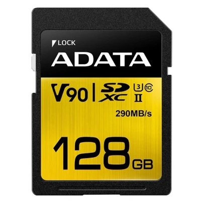 Image de ADATA Premier ONE V90 128Go SDXC UHS II Classe 10 mémoire flash Mémoires (128 Go, SDXC, 10, II, 290 Mo/s, Noir, Or)