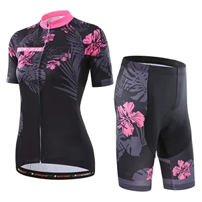 Afbeelding van ZEROBIKE Dames Fiets Fietsen Ademend Sneldrogende Shirts Set, Jersey Cycle Korte Mouw Jas + 3D Kussen Gewatteerde Strakke Shorts Broek, S, Azalea