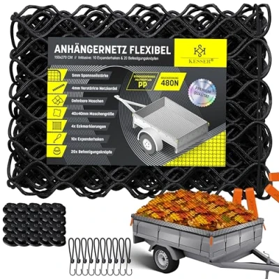 Afbeelding van KESSER® Aanhangernet 1,5 x 2,7 m, rekbaar, fijnmazig, ophangnet met trekkoord en netkoord voor het vastzetten van de lading, elastisch veiligheidsnet, markeringen