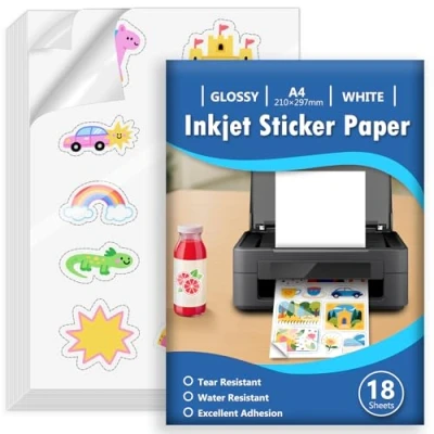 Afbeelding van Euqvunn Lot de 18 feuilles papier autocollant en vinyle imprimable blanc brillant imperméable pour imprimante à jet d&#039;encre, séchage rapide, 210 x 297 mm
