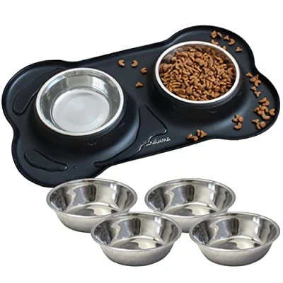 Afbeelding van Naponderlegger van siliconen met roestvrijstalen voerbak, voor katten en honden, voederbak, kattenbak, kattenvoerbak, bak, station, onderlegger (400 ml, zwart)