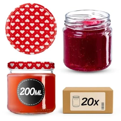 Afbeelding van KADAX Kleine inmaakpotten, 200 ml, luchtdicht, rond, FI66 mm, jampotten, bokalen, minipotten voor honing en kruiden, 20 stuks, hartjesmotief