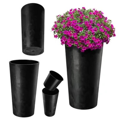 Afbeelding van KADAX bloempot met houtsnippers, elegante pot uitneembaar inzetstuk, bescherming voor kantoor, de tuin, zwart, beton, diameter 30 cm