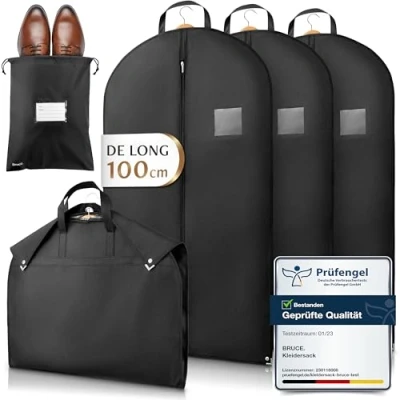 Afbeelding van Bruce.® 3 kledinghoezen (100 x 60 cm) inclusief 1 schoenentas, hoogwaardige herenkostuumhoes voor kleding, ademende kledinghoes reizen en opbergen