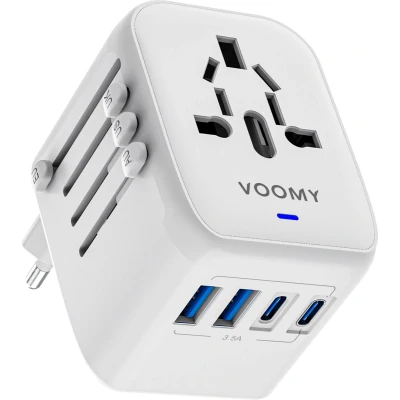 Afbeelding van Voomy Wereldstekker Universeel 170+ Landen Reisstekker 2 USB C &amp; A Wit