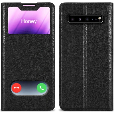 Afbeelding van Cadorabo Hoesje geschikt voor Samsung Galaxy S10 5G in KOMEET ZWART Beschermhoes met magnetische sluiting, standfunctie en 2 kijkvensters Book Case Cover Etui