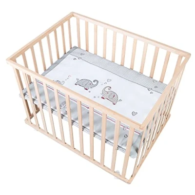 Afbeelding van Babybox op wielen ROBA Jumbotwins In hoogte verstelbaar Boxmat inbegrepen Natuurlijk massief hout Olifantpatroon
