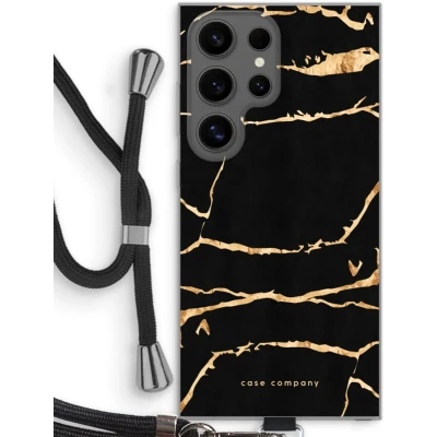 Afbeelding van Case Company® hoesje met Koord geschikt voor Samsung Galaxy S24 Ultra Gouden marmer Telefoonhoesje Zwart Bescherming aan alle Kanten en Over de Schermrand