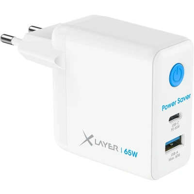 Afbeelding van XLayer 65W Power Saver Wandlader 1 x USB C PD QuickCharge 3 60W Energiezuinige GaN oplader dankzij aan/uit knop wit