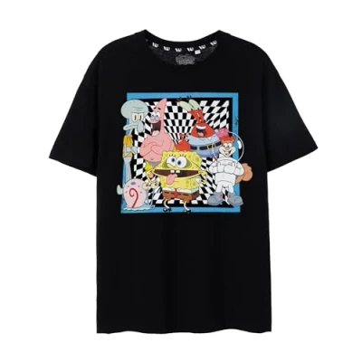 Afbeelding van Spongebob SquarePants T shirt voor heren Zwarte dambord en vrienden grafisch volwassenen Iconische cartoon lichtgewicht top met korte mouwen, Zwart