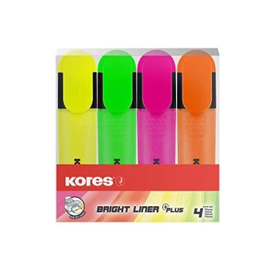 Afbeelding van Kores Bright Liner Plus: fluorescerende markeerstiften, afgeschuinde punt en inkt op waterbasis, ergonomische vorm, school kantoorbenodigdheden, 4 verschillende kleuren