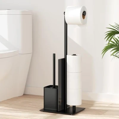 Afbeelding van toiletpapierhouder met toiletborstel staande van roestvrij staal toiletborstel, en papierdispenser boren niet nodig glas (mat zwart)