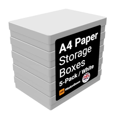 Afbeelding van WestonBoxes 5 stuks A4 kunststof opbergdozen met deksel voor kunstbenodigdheden, papier en karton, 3,6 liter volume (wit/ondoorzichtig)