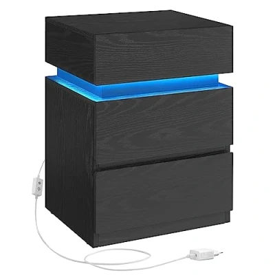 Afbeelding van VASAGLE LET799T56 Set van 2 nachtkastjes met ledverlichting, verstelbare kleuren, salontafel, 3 laden, nachtkastje, moderne slaapkamer, 35 x 40 55 cm, zwart houtnerf