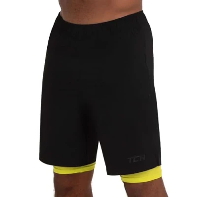 Afbeelding van TCA Ultra Hardloopshorts voor heren, 2 in 1 sportshorts met achterzak ritssluiting en geïntegreerde compressiebroek, zwart/groen (achterzak ritssluiting)