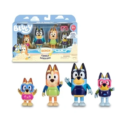 Afbeelding van BLUEY BLY63100 Set van 4 beweegbare figuren, familie voorbereid om naar het strand te gaan, poppen uit de serie voor kinderen, Chilli poppen, Bandit, Bingo jurken, Famosa