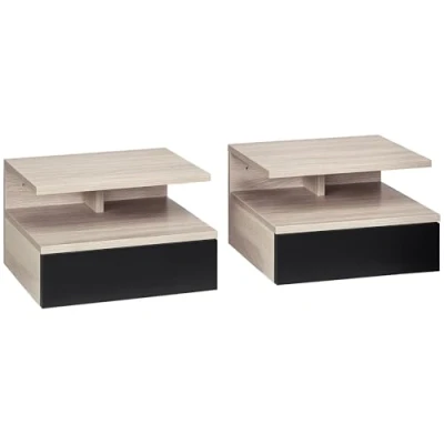 Afbeelding van Homcom Set van 2 nachtkastjes met wandmontage, schuiflade, nis, lade, zwart eiken