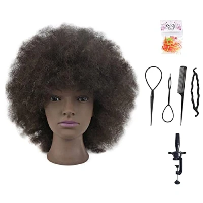 Afbeelding van 25,4 cm Afro trainingshoofd, 100% echt haar, mannequin hoofd voor kapsel, inclusief clip