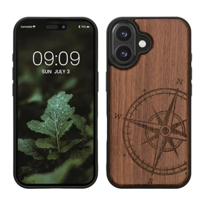 Afbeelding van kwmobile telefoonhoesje geschikt voorApple iPhone 16 Hoesje met bumper hout In donkerbruin Vintage Kompas design