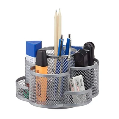 Afbeelding van Relaxdays pennenbak 7 vakken pennenhouder gaas rond draaibaar bureau organizer zilver