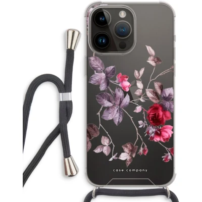 Afbeelding van Case Company® hoesje met Koord geschikt voor iPhone 14 Pro Max Mooie bloemen Telefoonhoesje Zwart Extra Bescherming aan alle Kanten en Over de Schermrand