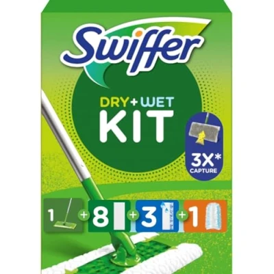 Afbeelding van Swiffer Starterset met 1 mop + 8 droogdoekjes en 3 vochtige doekjes stofvanger handgreep navulverpakking