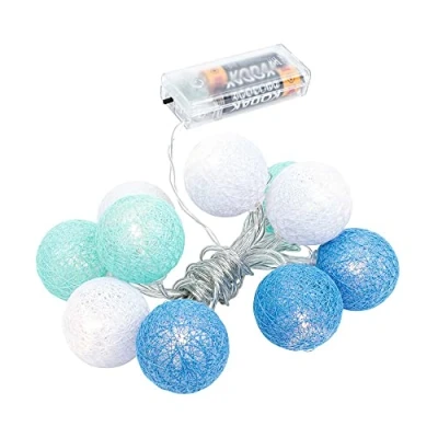 Afbeelding van Ideen mit Herz Lichtsnoer met 10 leds, werkt op batterijen, katoenen ballen in 3 kleuren, diameter 35 mm per bal, timer (wit, mint, lichtblauw)