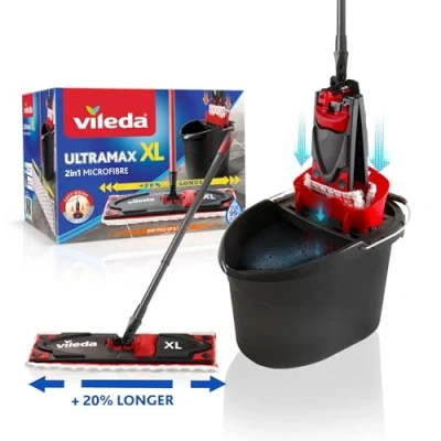 Image de Vileda Ultramax XL Ensemble complet de serpillères 2 en 1 avec manche, housse microfibre et seau Powerpresse, pour tous les sols durs, plaque d&#039;essuie glace 42 cm, longueur du manche 75 130 cm