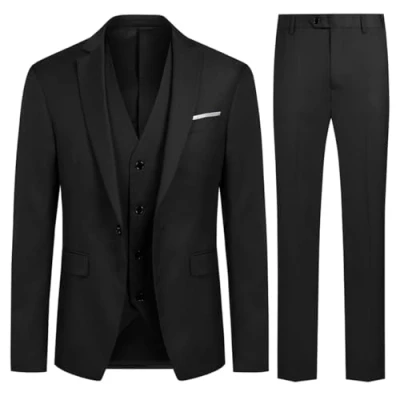 Afbeelding van Herenkostuum, 3 delig, smalle pasvorm, bruiloft, smoking, één knoopsluiting, jas, vest, broek, zwart.
