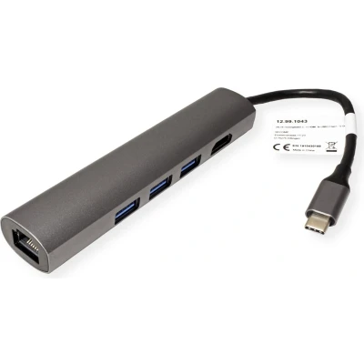 Afbeelding van VALUE USB type C dockingstation, HDMI 4K, 3x A, Gigabit Ethernet, grijs