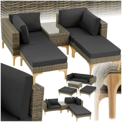 Afbeelding van tectake® Outdoor wicker loungeset, 5 delige tuinmeubelbankset, vrij combineerbaar, met hoekstoel, kruk, tafel, tuinlounge, inclusief zit en rugkussens natuurkleur poly rattan