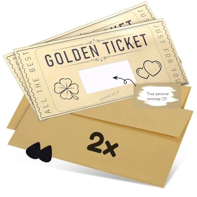 Afbeelding van DasWas Set van 2 gouden tickets goed cadeau om zelf te vullen met krassticker krasvrij en doe het cadeaukaarten gepersonaliseerd in glinsterende envelop + gereedschap