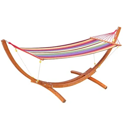 Afbeelding van HOMCOM Tuinhangmat met houten standaard 1 persoon staande hangmat max. 120 kg