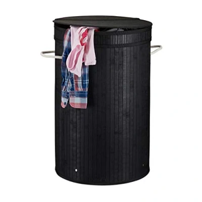 Afbeelding van Relaxdays wasmand bamboe ronde wasbox met deksel 63 x 40 cm 65 liter zwart