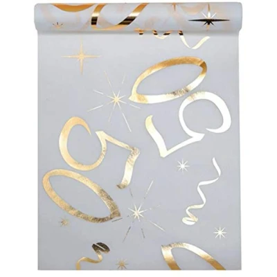 Afbeelding van Tafelloper van stof, wit, goud, 50 jaar, 30 cm x 5 m