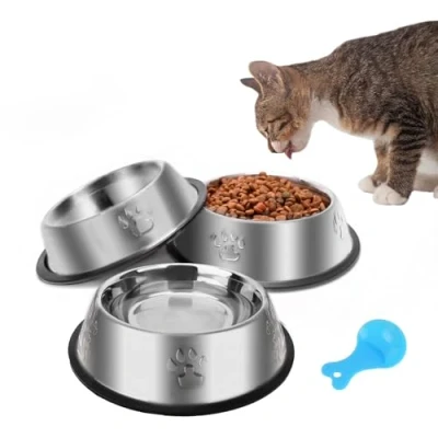 Afbeelding van Set van 3 kattenbakken roestvrij staal, antislip, met rubberen basis, voor binnenkatten en kleine honden