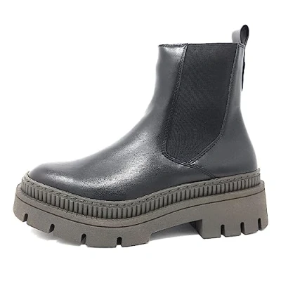 Afbeelding van Marco Tozzi Enkellaarsjes met plateauzool, Dames, Maat: 37, Black/khaki Hoogwaardig imitatieleer