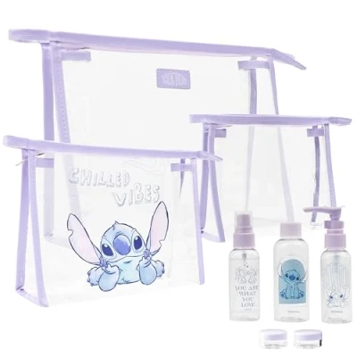 Afbeelding van Disney Stitch Navulbare make uptas voor op reis met cosmetische flessen en potjes, vakantie benodigdheden, Lila Stitch, één maat, Essentiële set, set