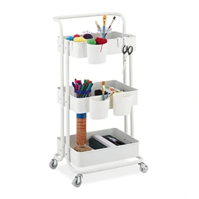 Afbeelding van Relaxdays keukentrolley met 4 wieltjes stalen serveerwagen wit opbergtrolley smal