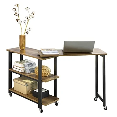 Afbeelding van SoBuy FWT83 N Draaibare bijzettafel, bankpunt met wielen, beweegbare consoletafel 2 opbergplanken en 6 industrieel design, 133 x 30 69 cm