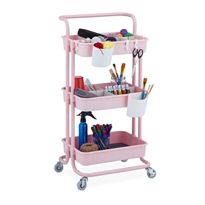 Afbeelding van Relaxdays opbergtrolley staal keukentrolley op wielen serveerwagen roze rolwagen