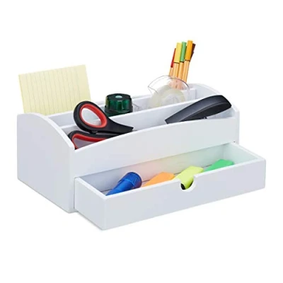 Afbeelding van Relaxdays bureau organizer bamboe met lade vakken brievenbak wit kantoor