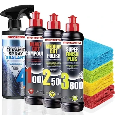 Afbeelding van Menzerna Heavy Cut Compound 1000 Polijstset voor auto + Medium Polish 2500 Super Finish Plus 3800, 250 ml Ceramic Sealant Protection 0,5 liter 4 microvezeldoeken 40 x cm, 550 g/m²