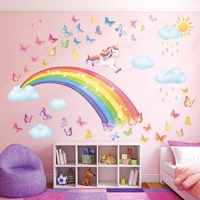 Afbeelding van DECOWALL SG2 2309 Regenboog muursticker Eenhoorn Wolken en vlinders Muurdecoratie voor meisjes babykamer