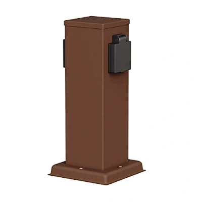 Afbeelding van ledscom.de POLLY tuincontactdoos zuil voor buiten, IP44, 2x, roestvrij staal, bruin, vierkant, 27 cm, buitenstopcontact, tuinstopcontact, stekkertoren