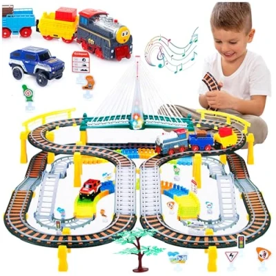 Afbeelding van Kinderplay Elektrische trein met raceauto voor kinderen, spoorwegen, autocircuit, batterijtrein, 2 in 1 KP0635