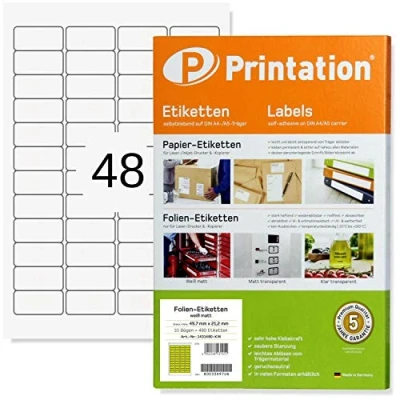 Afbeelding van Printation 45,7 x 21,2 mm, waterdichte zelfklevende etiketten, mat wit, 480 etiketten om te bedrukken, 10 vellen DIN A4/48 mm per vel