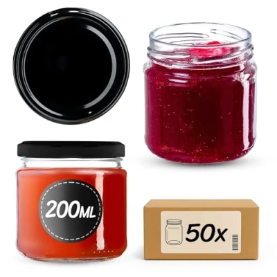 Afbeelding van KADAX Kleine inmaakpotten, 200 ml, luchtdicht, rond, FI66 mm, jampotten, bokalen, minipotten voor honing en kruiden, 50 stuks, zwart