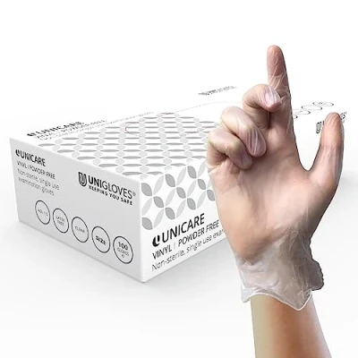 Afbeelding van UNIGLOVES Unicare GS0064 wegwerphandschoenen, vinyl, multifunctioneel, poedervrij, latexvrij, middelzwaar, transparant, maat L, 100 stuks